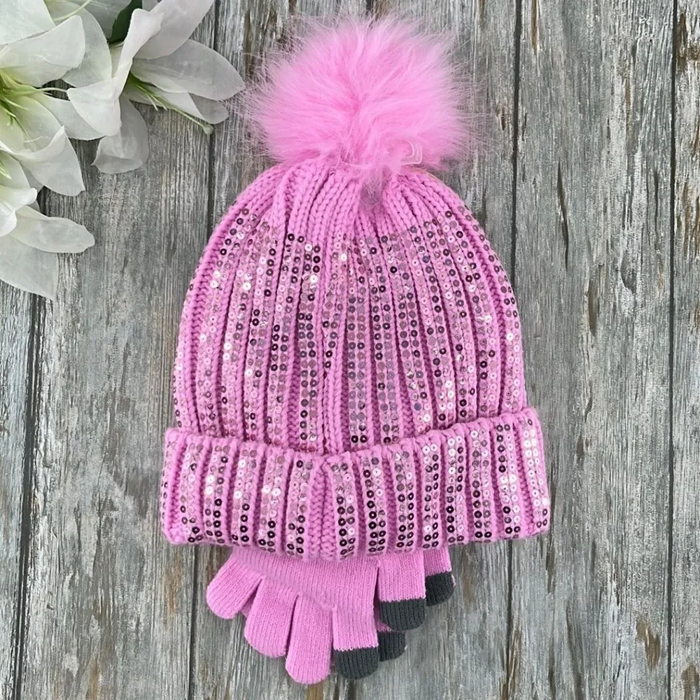 Girls Justice Ribbed & Full Print Winter Cozy Beanie and Gloves 2, 2-Piece Sets
